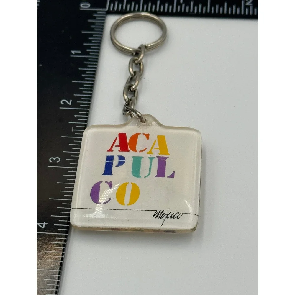Vintage Acapulco Mexico Souvenir Keychain Acrylic Square Multi Color‎ Retro